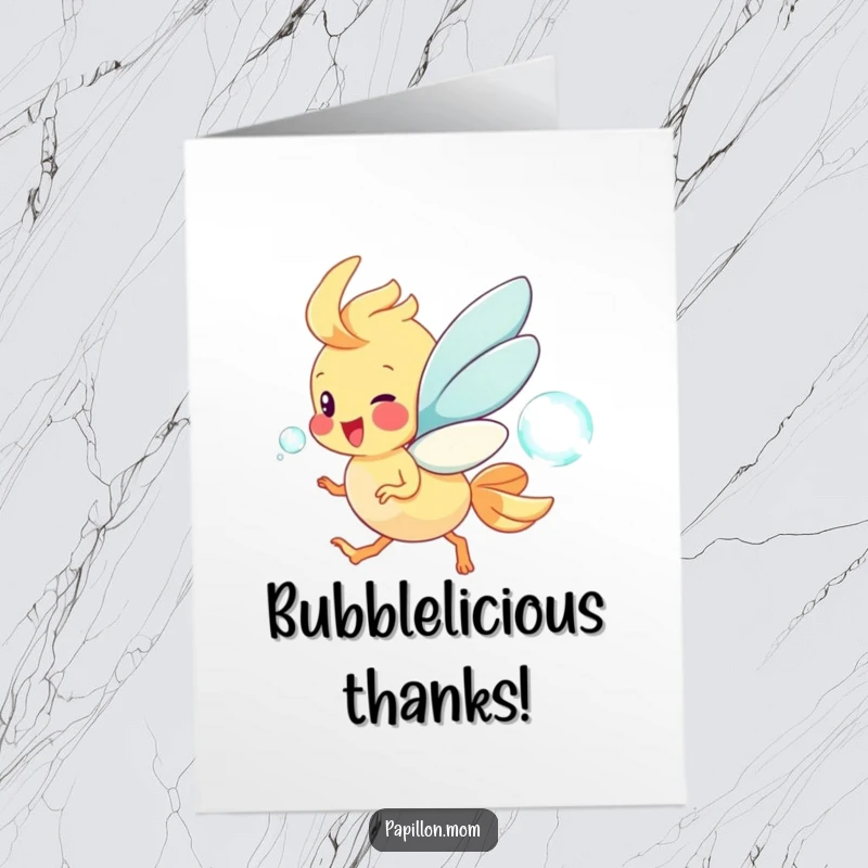 Funny Free Printable Papillon Thank You Card: Cute dog joyfully chasing a shimmering soap bubble.