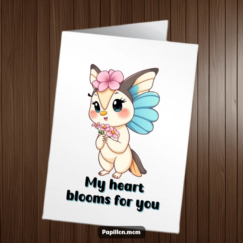 Free Printable Thank You Card: Kawaii Papillon lady offering a small flower with grace, expressing thanks.