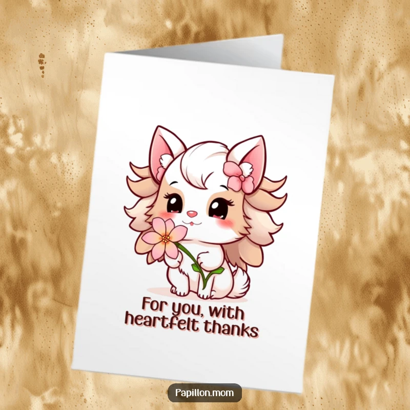 Funny Free Printable Papillon Lady Thank You Card, offering a delicate flower with a gentle smile, expressing thanks.