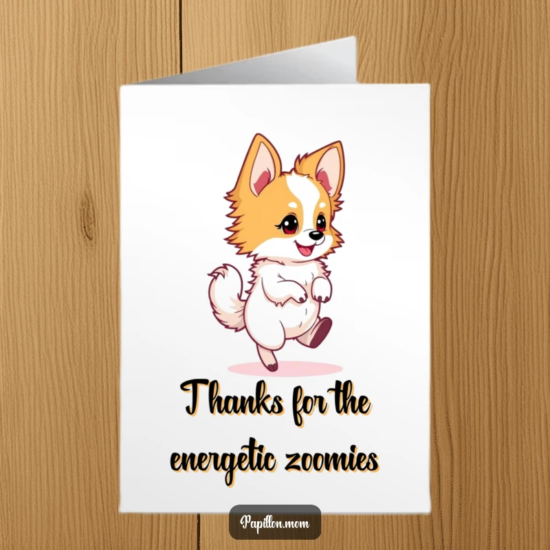 Funny Free Printable Thank You Card: A Papillon dog performing a happy, energetic twirl, conveying thanks.