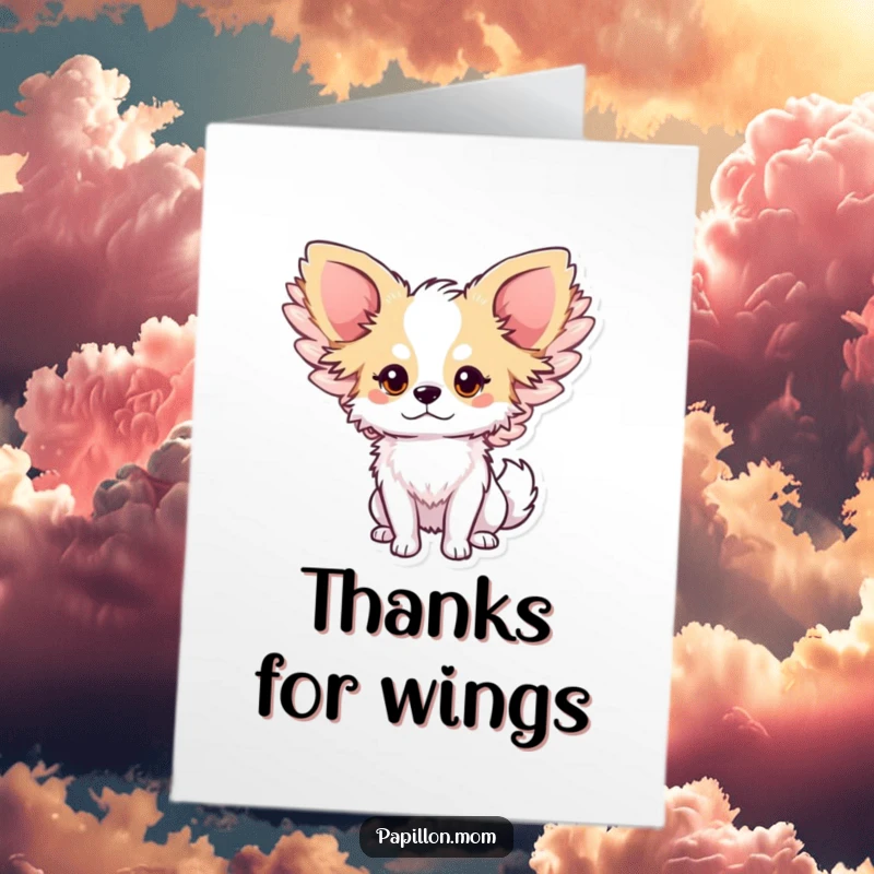 Whimsical Free Printable Thank You Card showing a cute Papillon dog with beautiful, oversized wings gently flapping, a symbol of gratitude.