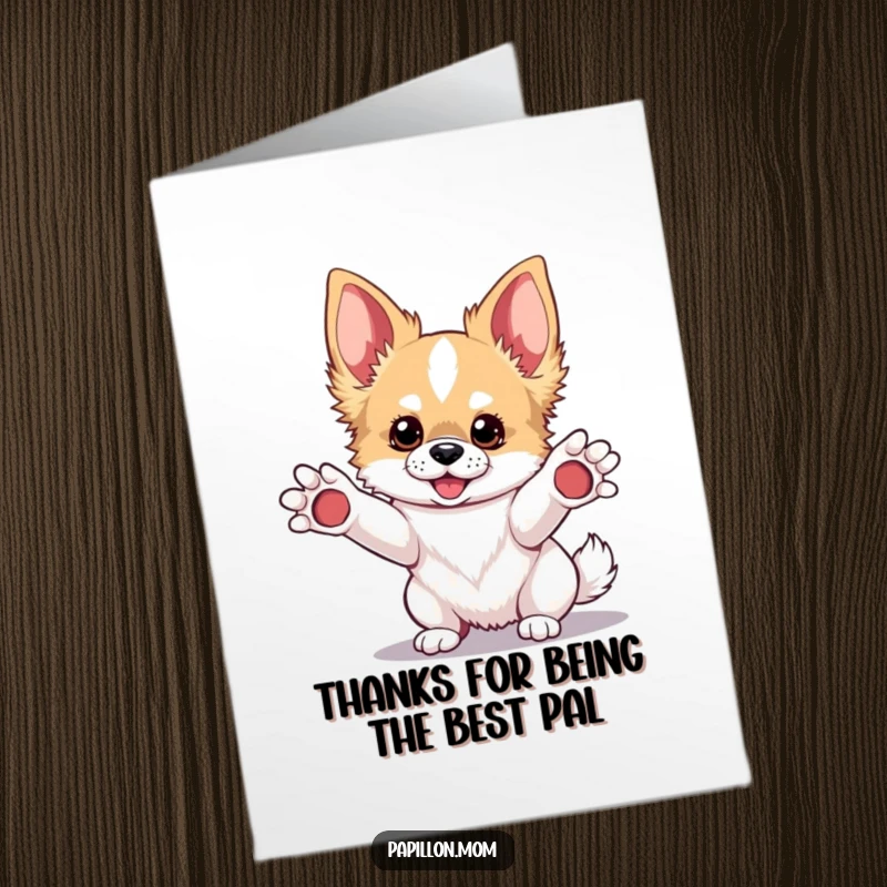 Funny Free Printable Thank You Card: Kawaii Papillon dog offers gentle paws, symbolizing gratitude and appreciation in a sweet gesture.