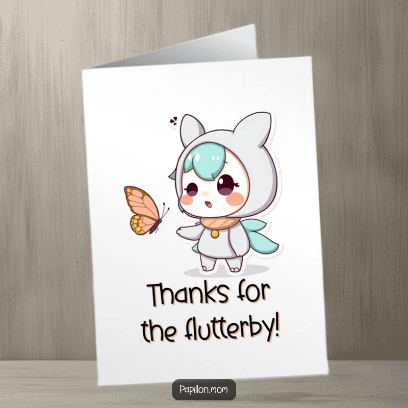 Funny Free Printable Thank You Card: A character looks amazed and thrilled by a butterfly, a perfect downloadable thank you.