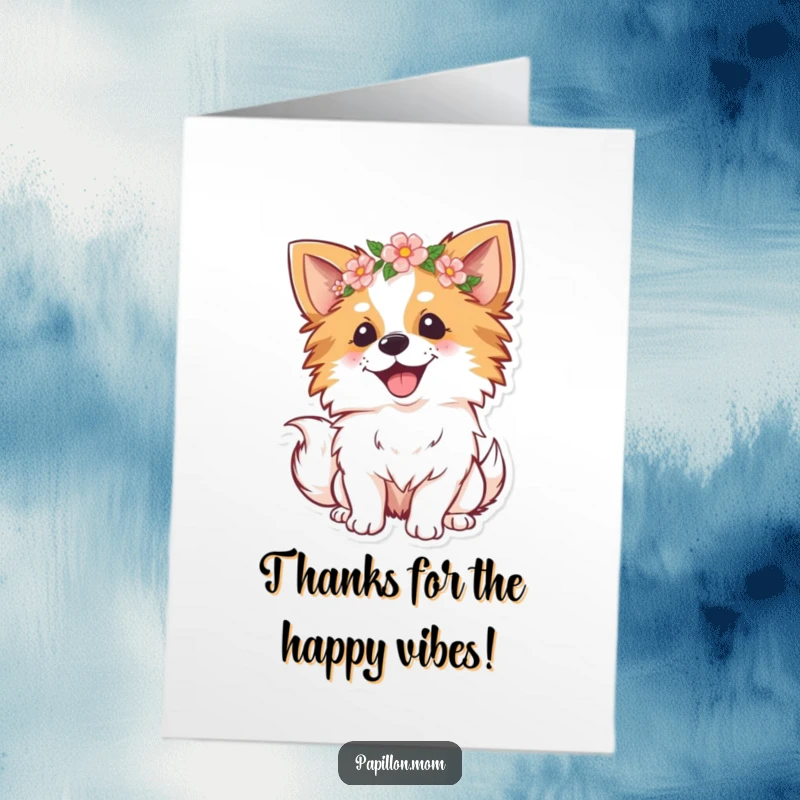 Funny Free Printable Papillon Thank You Card: Happy dog sporting a flower crown and wagging its tail joyfully.