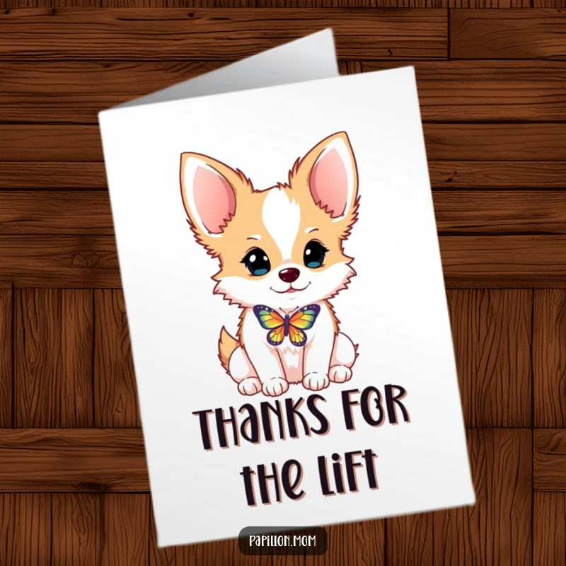 Funny Free Printable Thank You Card: A Papillon dog with a butterfly on its nose, conveying thanks with a smile.