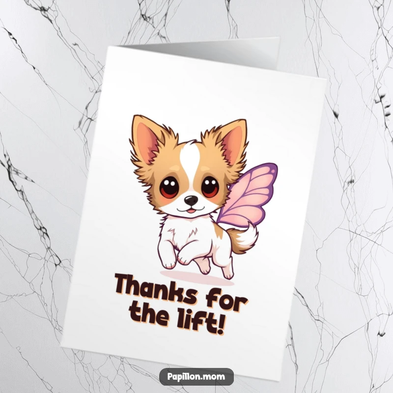 Funny Free Printable Papillon Thank You Card: Energetic dog mid-leap, suggesting butterfly wings, conveying heartfelt thanks.