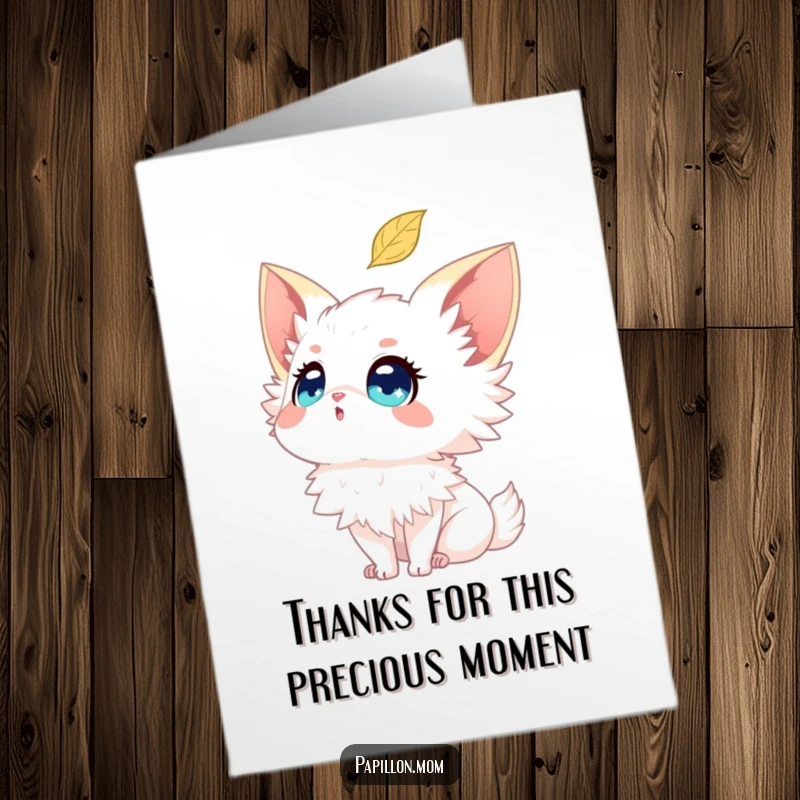 Free Printable Papillon Thank You Card: Dog with sparkling eyes watching a falling leaf. A thankful downloadable.