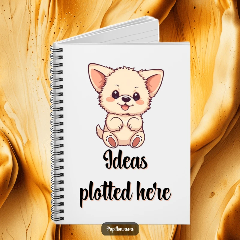 Funny notebook cover with a small, fluffy dog, large ears, happily fluttering its paws; perfect for writing and drawing.