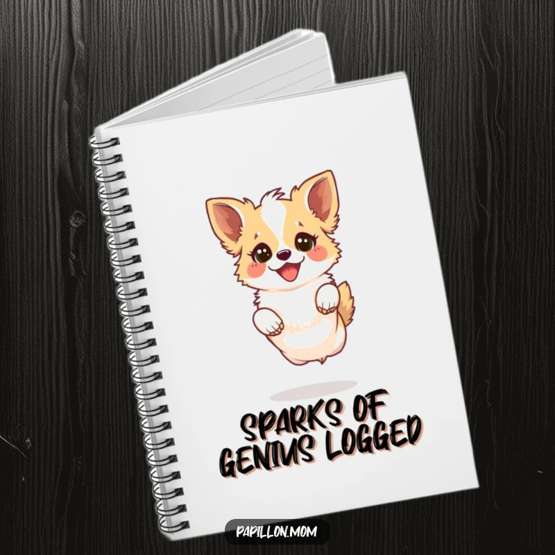Funny Kawaii Papillon Dog Notebook featuring a Papillon dog leaping playfully with a joyful sparkle in its eyes, perfect for journaling.