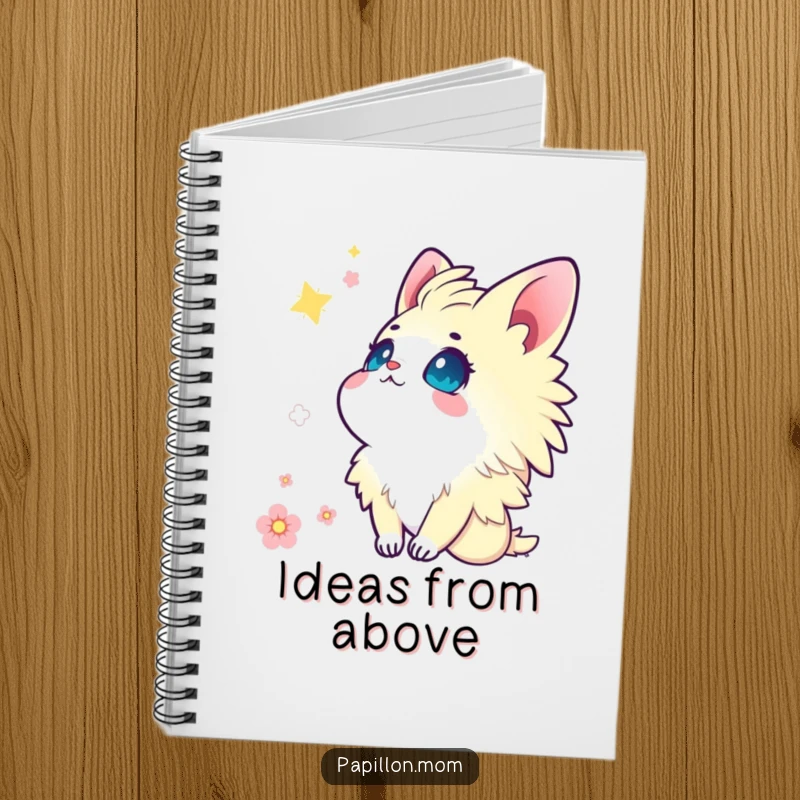 Funny Kawaii Papillon notebook illustrating a cute lady looking up at the sky with eyes full of wonder and gentle contemplation.