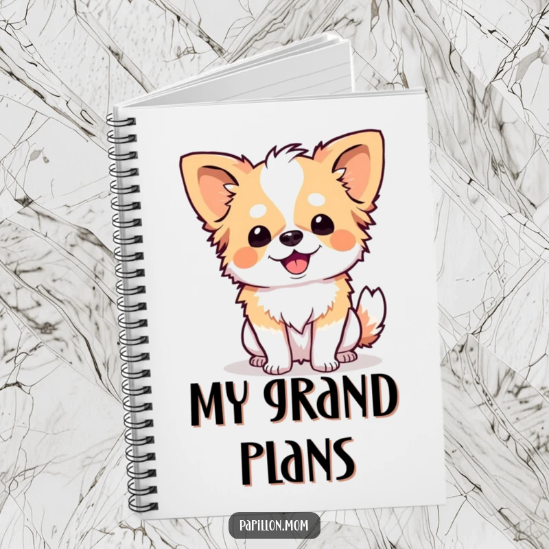 Funny Papillon dog in a happy curtsy pose, on the cover of a charming and functional notebook.