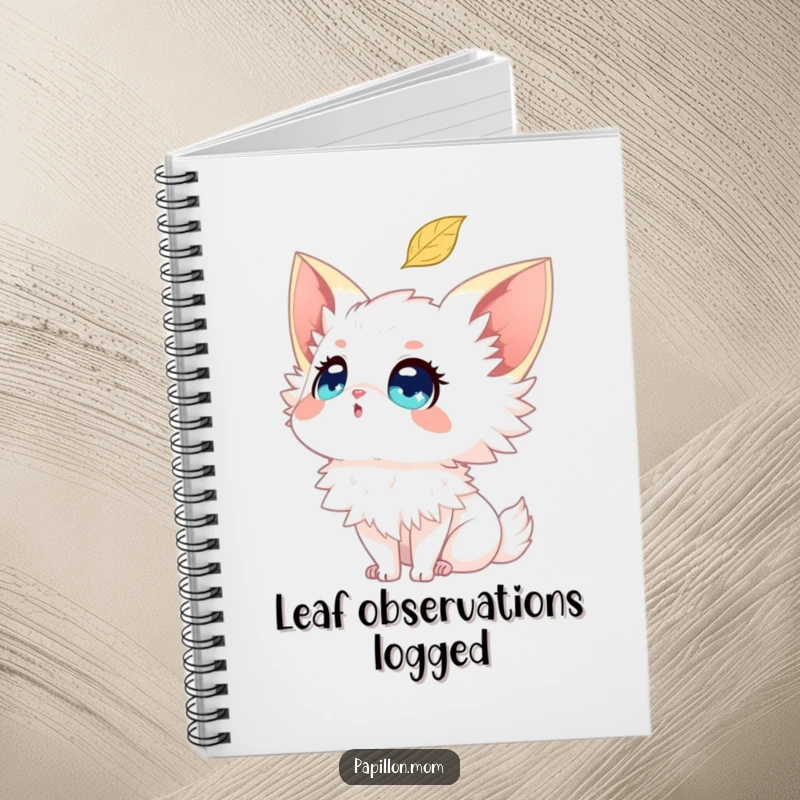 Funny Papillon notebook featuring a dog with sparkling eyes looking at a falling leaf, ideal for journaling.