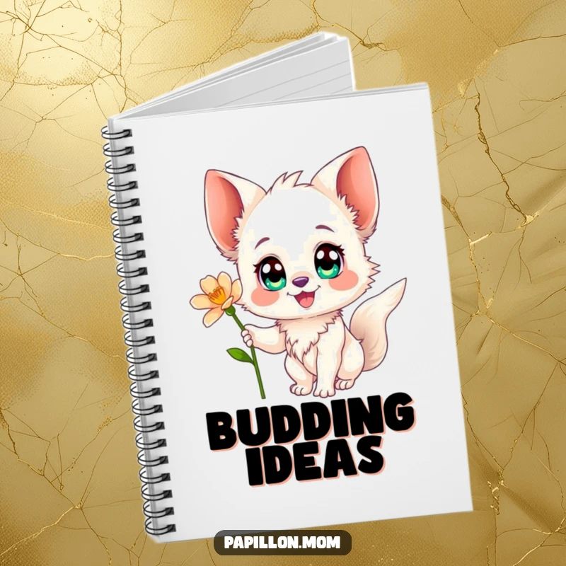 Funny Papillon notebook featuring a happy Papillon dog reaching for a delicate flower, inspiring creativity and note-taking.