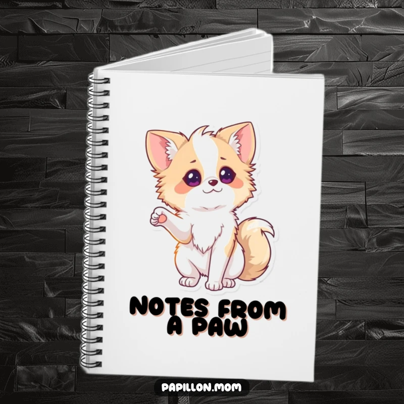 Funny Papillon Notebook featuring a lady dog playfully extending a paw, perfect for jotting notes with a touch of canine friendliness.