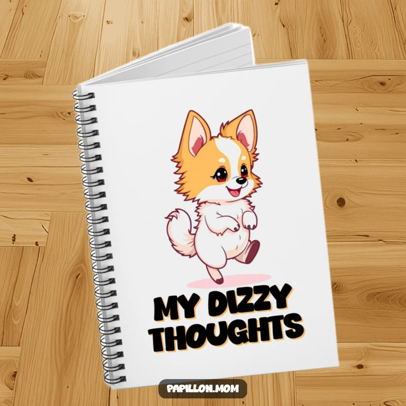 Funny Papillon dog notebook featuring a dog in a swift, energetic twirl, inspiring creative thought.