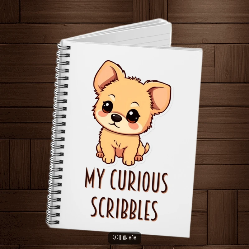 Funny notebook with a small, fluffy dog with large, floppy ears looking up with an expression of sweet curiosity.