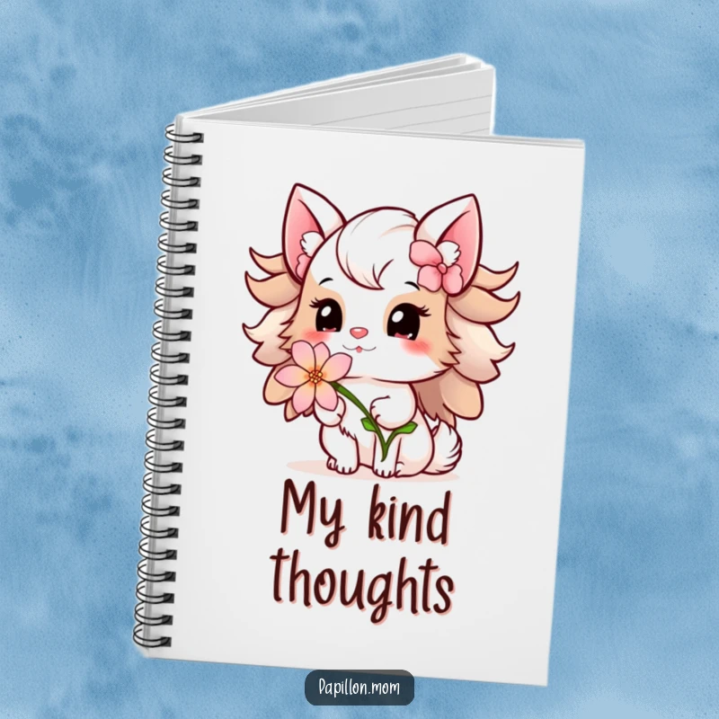 Funny Papillon Lady Notebook with a gentle offering of a delicate flower and a sweet smile, inspiring kind thoughts and creative writing.