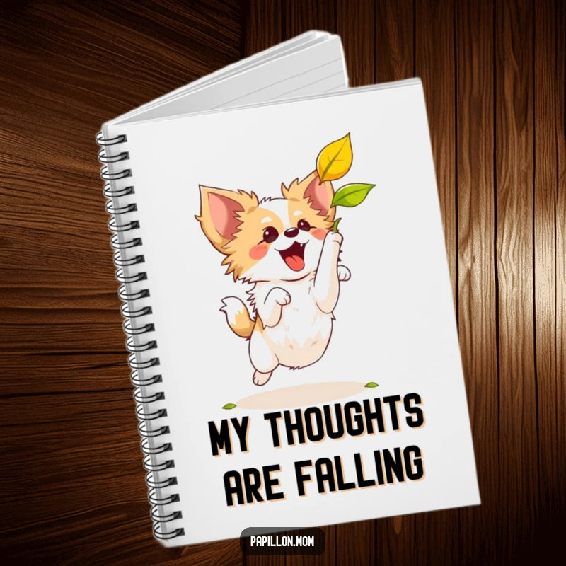 Funny Papillon dog depicted in a joyous leap, aiming for a falling leaf, on the cover of a helpful notebook.