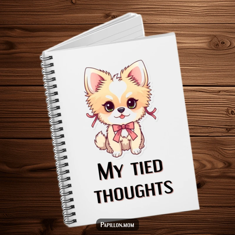 Funny Papillon dog notebook featuring a dog adorned with delicate ribbons, ideal for stylish journaling.