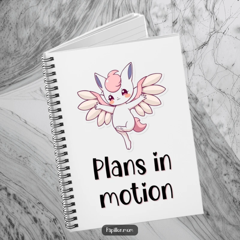 Funny notebook showcasing a character balancing on one paw with wings outstretched, ideal for jotting down ideas and goals.