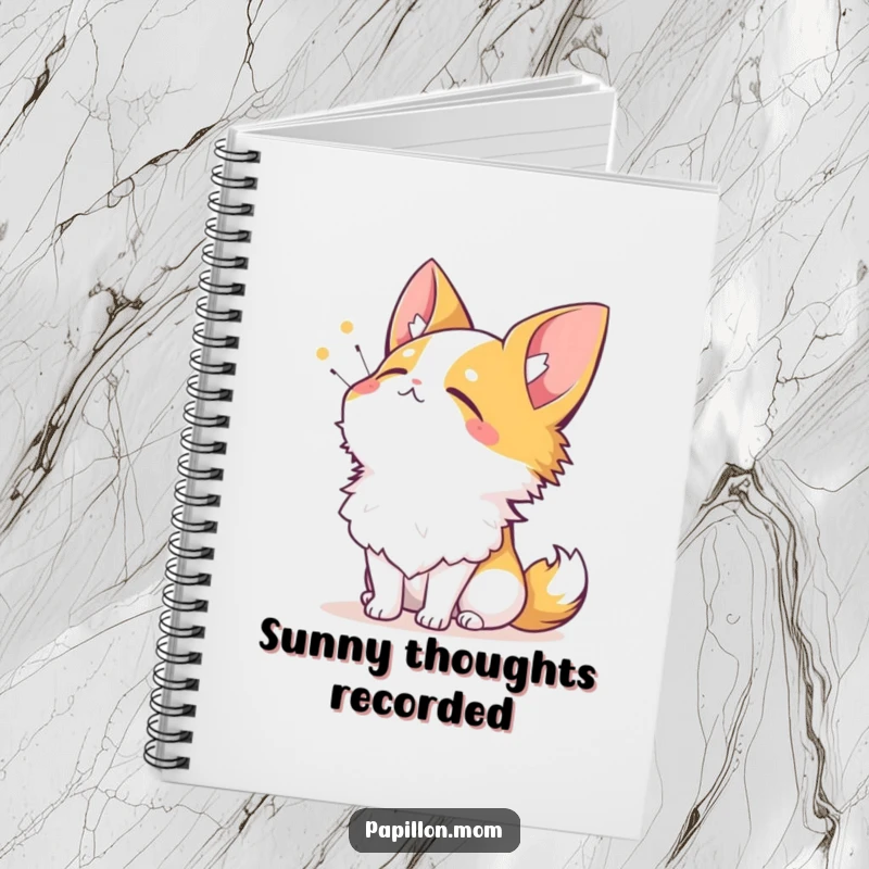 Funny Papillon notebook with a dog sighing contentedly while looking up at the sun, ideal for journaling.