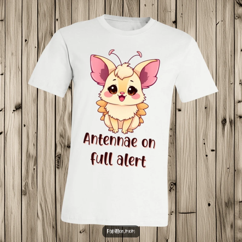 Funny Papillon Lady T-Shirt, delicate antennae twitching with pure excitement, showcasing a joyful and humorous animal personality.