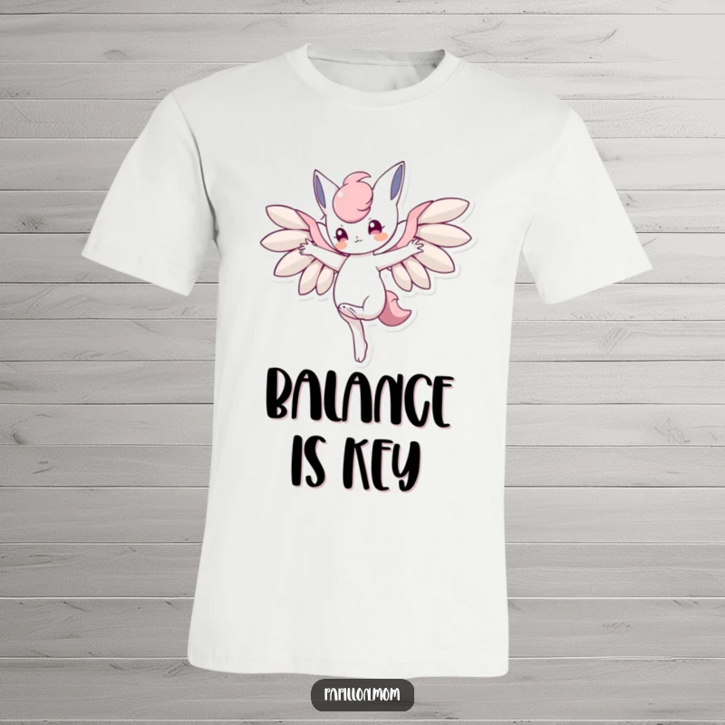 Funny t-shirt featuring a character in a precarious yet graceful balance on one paw, wings spread wide, symbolizing achievement.