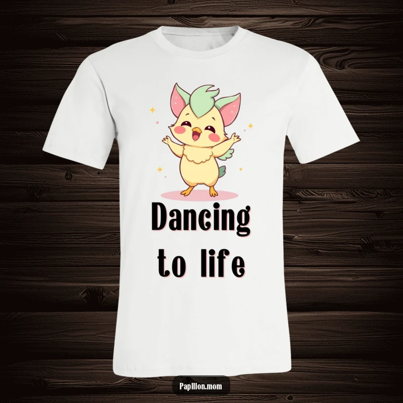 Funny Papillon t-shirt depicting a delighted Papillon dog performing a charming little dance, celebrating happiness and movement.