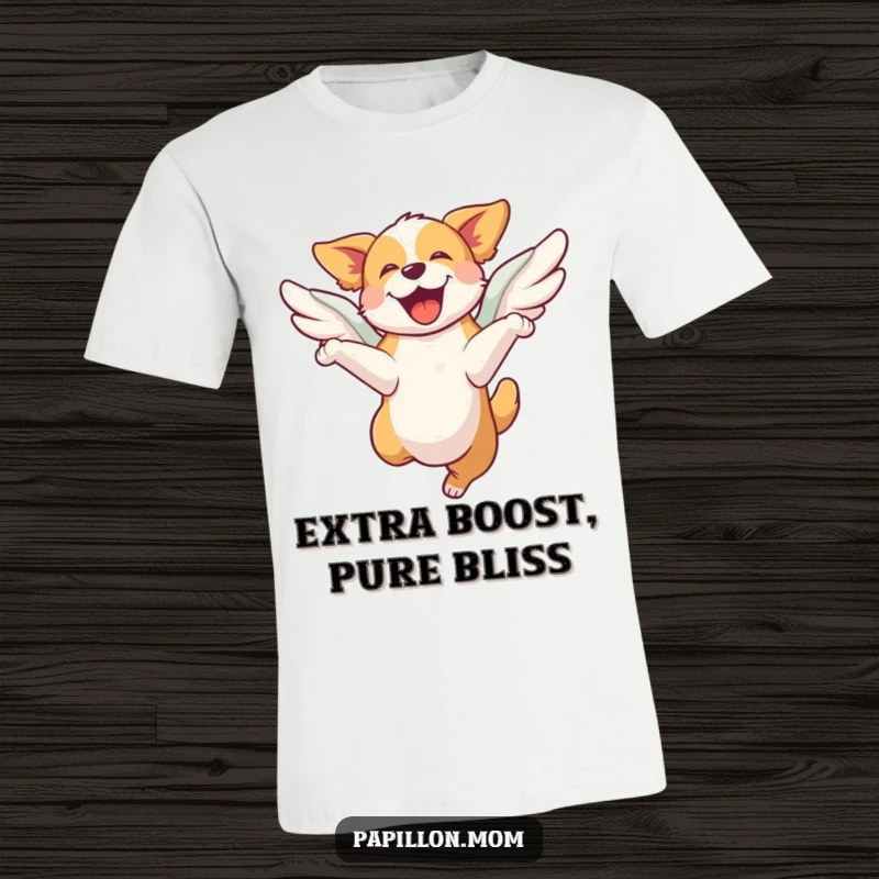 Funny t-shirt depicting a dog leaping high with pure joy, its wings propelling it upwards, symbolizing uncontainable happiness.