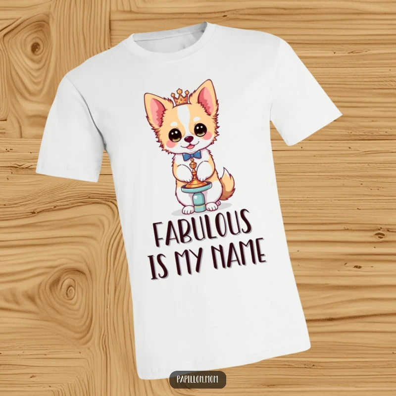 Funny Kawaii Papillon dog T-shirt, featuring a cute French butterfly dog expertly balancing a delicate, ornate accessory with poise and panache.