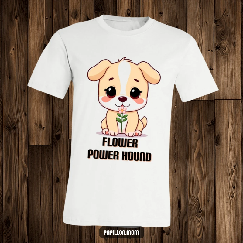 Funny t-shirt featuring a dog with a sweet, serene expression, gently presenting a small, delicate flower, symbolizing love and care.