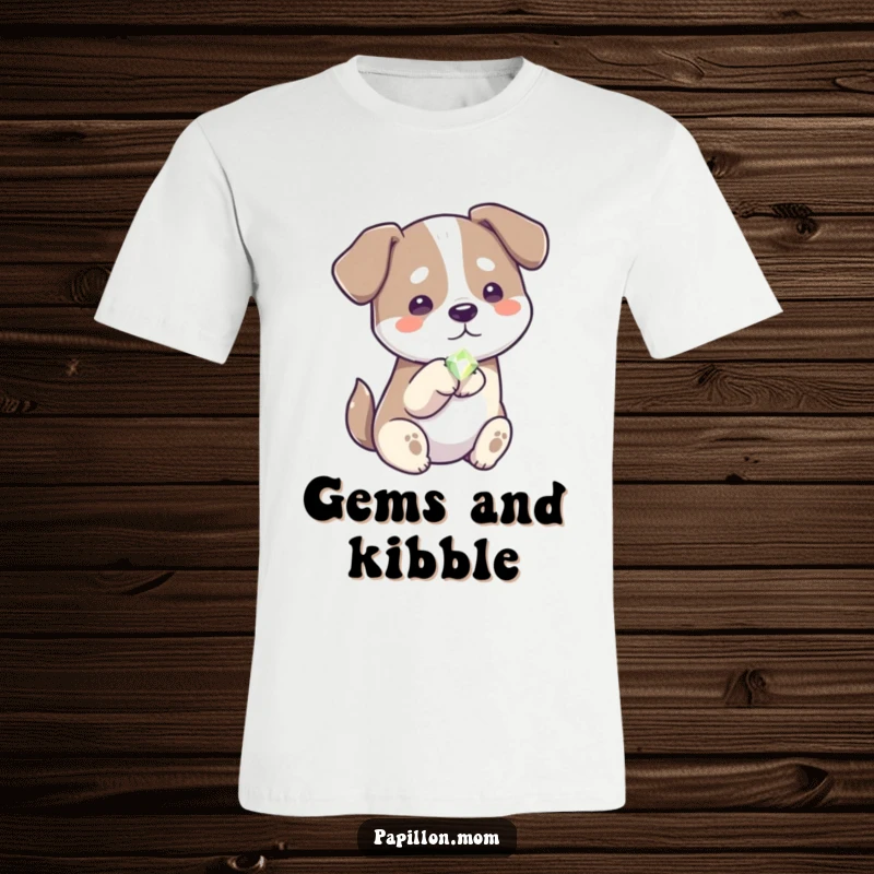 Funny generous dog t-shirt graphic, depicting a dog extending a paw with a shiny gem, showcasing kindness.