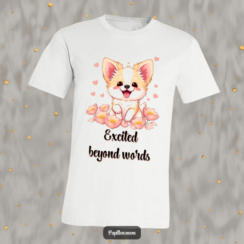 Funny Kawaii Papillon dog T-shirt, depicting a cute French butterfly dog fluttering with pure excitement, surrounded by a shower of soft, colorful petals.