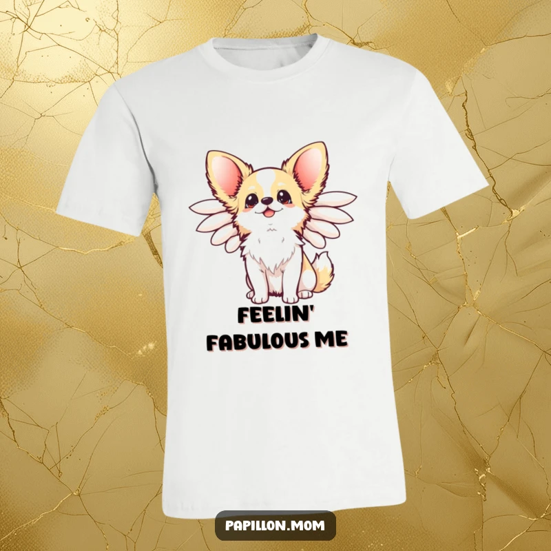 Funny Kawaii Papillon Dog T-Shirt with elegant wings flared, looking up happily, a symbol of pure canine bliss.