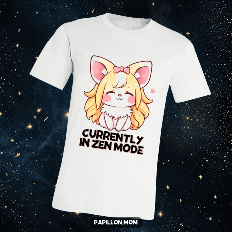 Funny Kawaii Papillon Lady t-shirt depicting a serene dog with closed eyes and a tiny happy sigh, celebrating peaceful moments.