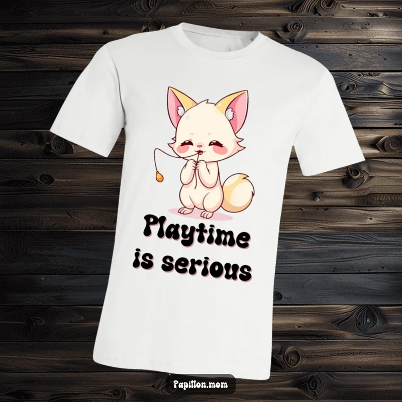 Funny Kawaii Papillon t-shirt depicting a cute lady playfully batting at a dangling string, radiating energetic fun and mischievous charm.