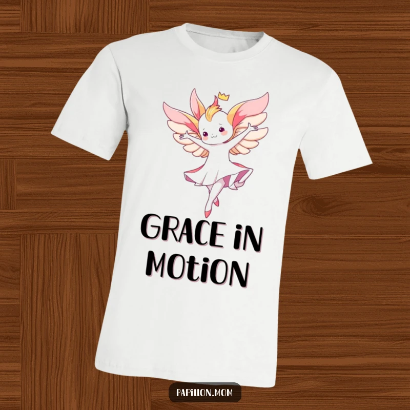 Funny Kawaii Papillon t-shirt depicting a cute lady performing a graceful aerial twirl, radiating elegance and fluid movement.