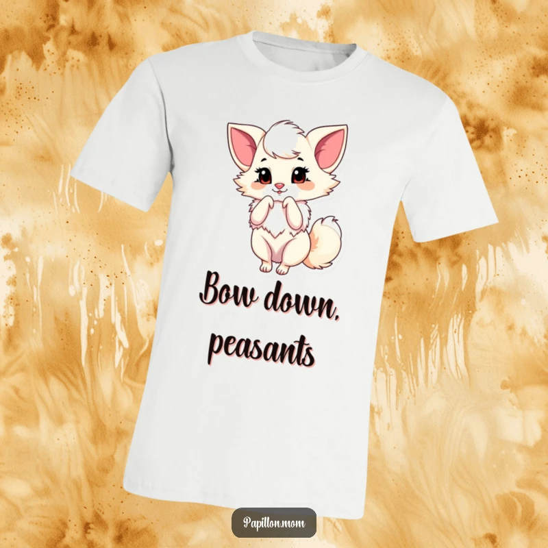 Funny Papillon Lady Dog T-Shirt capturing a graceful little bow, perfect for expressing politeness and charming elegance.
