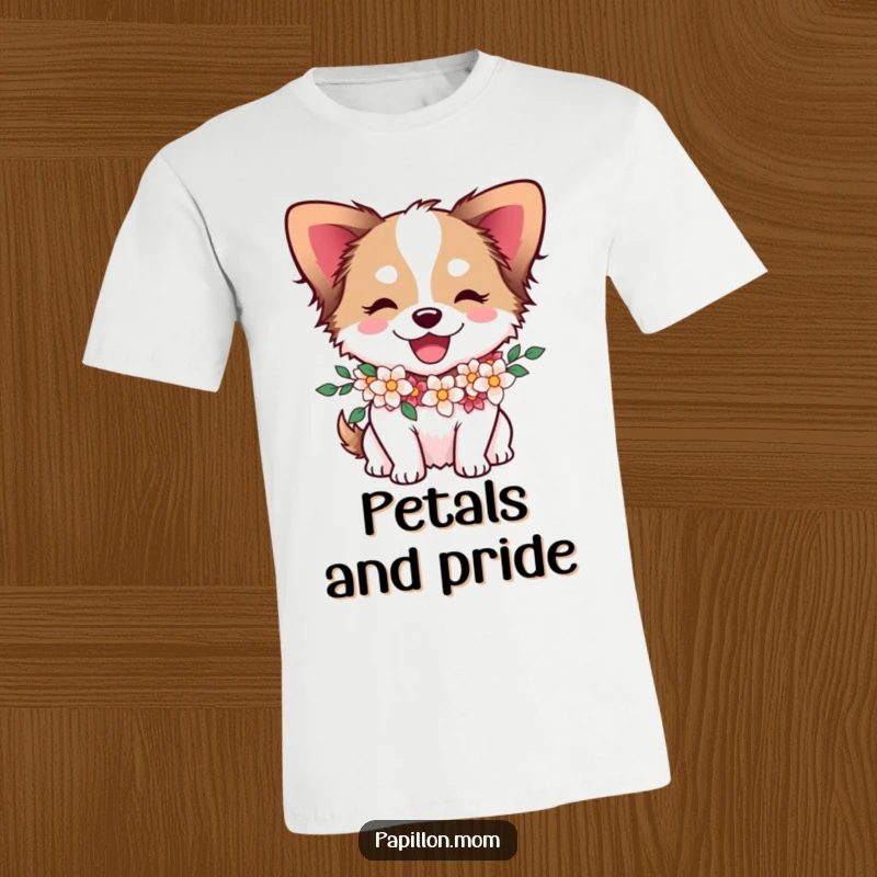 Funny Papillon dog character with a flower garland around its neck, depicted joyfully on a comfortable t-shirt.