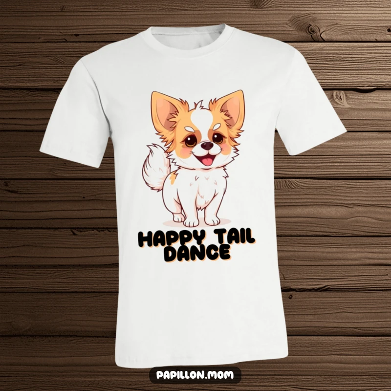 Funny t-shirt depicting a Papillon dog joyfully wagging its plumed tail, a symbol of pure canine happiness.