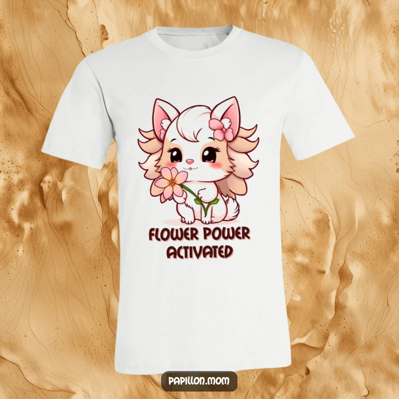 Funny Papillon Lady T-Shirt depicting a gentle offering of a delicate flower with a sweet smile, radiating kindness and warmth.