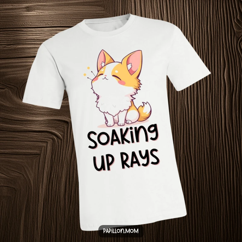 Funny Papillon t-shirt with a dog basking in the sun with eyes closed and a contented sigh, exuding relaxation.