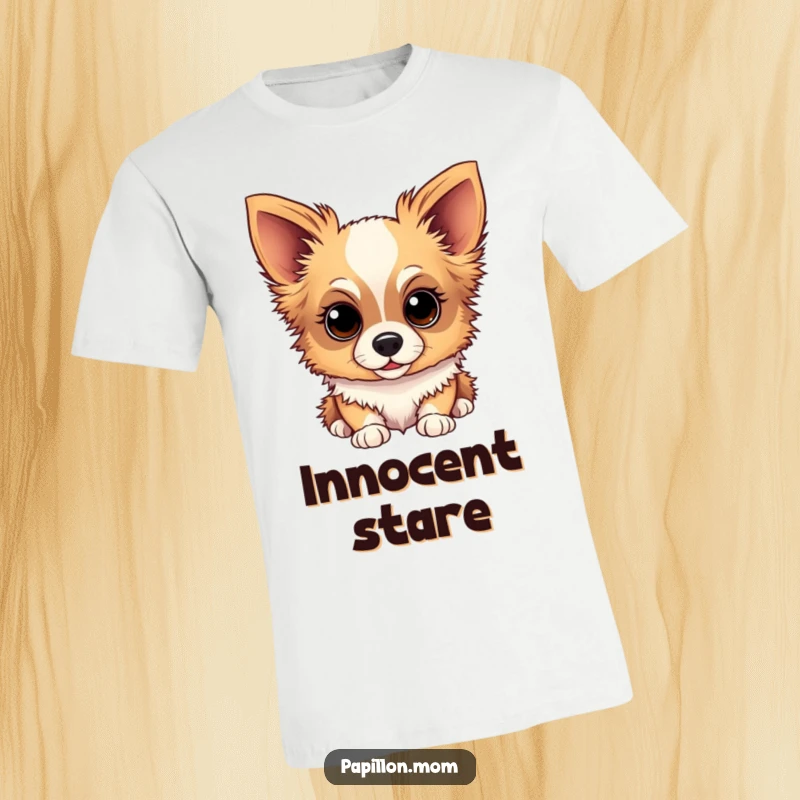Funny Papillon dog t-shirt displaying a dog with a sweet, loving, and inquisitive expression, radiating charm.