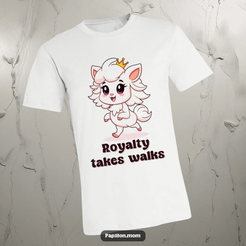 Funny Papillon t-shirt featuring a proud Papillon dog prancing elegantly while wearing a tiny, golden crown, exuding majestic confidence.