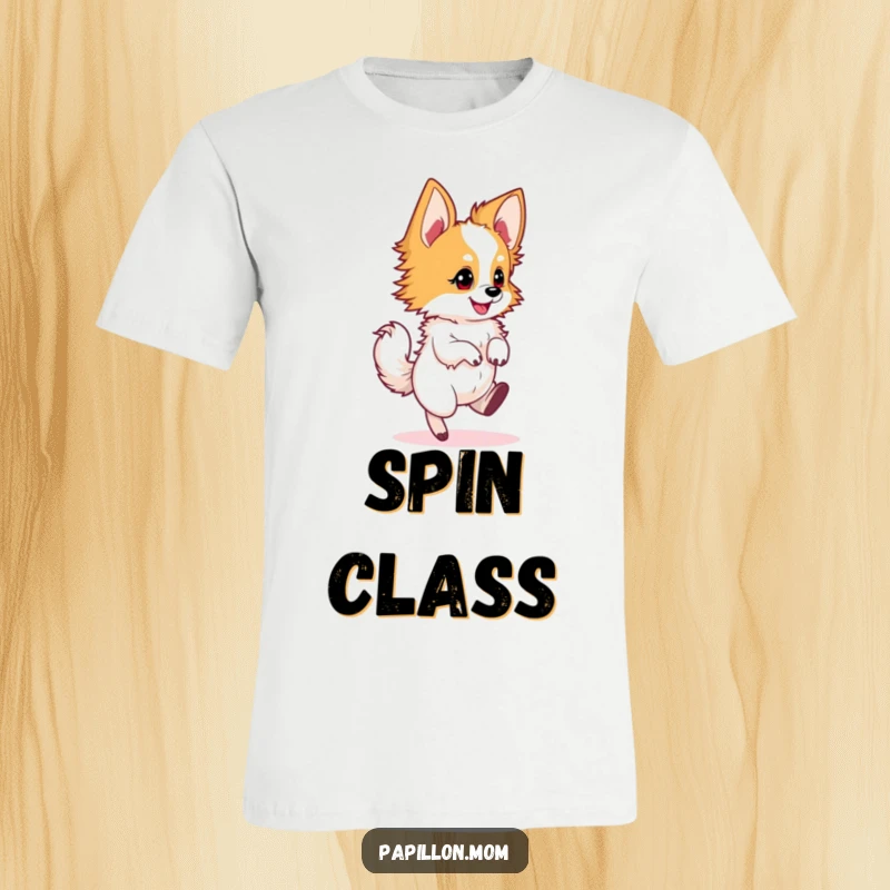 Funny Papillon dog t-shirt depicting a dog in a swift, lively, and happy twirl, showcasing energy.
