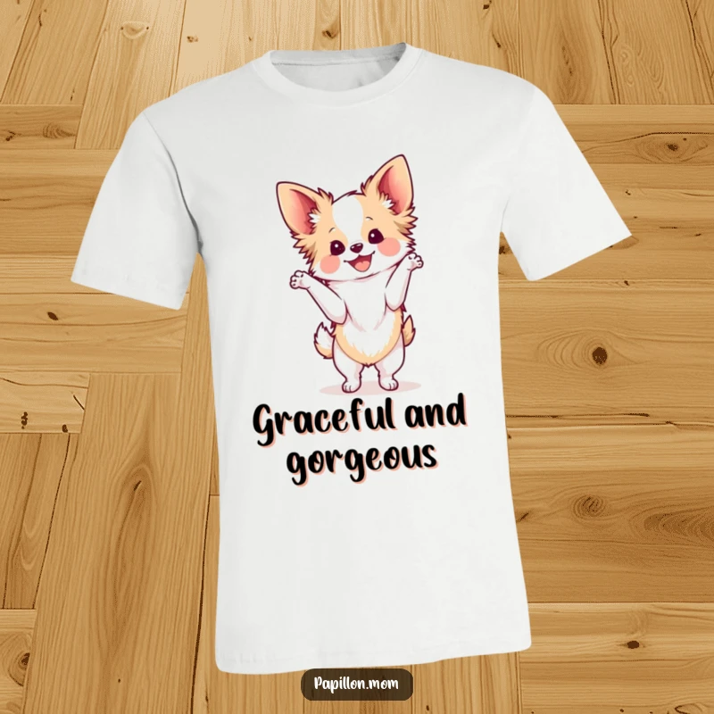 Funny Kawaii Papillon dog T-shirt, depicting a cute French butterfly dog in a graceful pose, exuding happiness and charm.