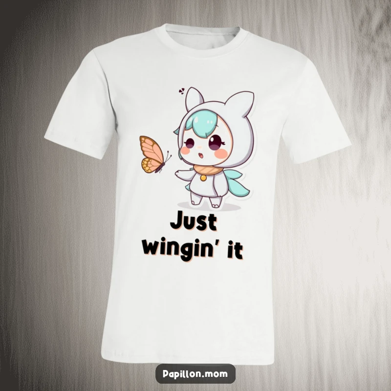 Funny t-shirt featuring a character with wide eyes and a huge smile, captivated by a delicate butterfly, expressing pure surprise and joy.
