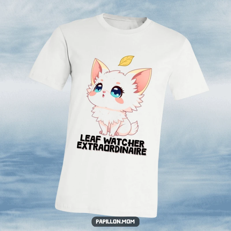 Funny Papillon t-shirt with a dog looking up with sparkling eyes at a falling autumn leaf, embodying curiosity.