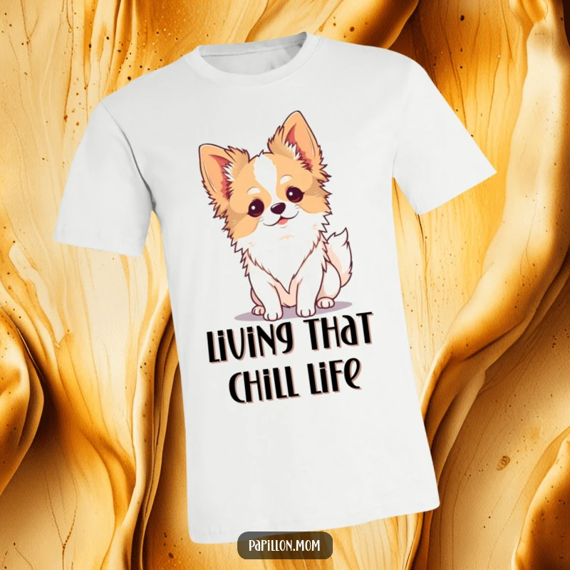 Funny Kawaii Papillon dog t-shirt, cute pup relaxing in a gentle breeze, soft fabric, calming graphic.