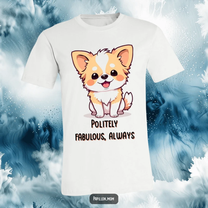 Funny Papillon dog in a happy, polite curtsy pose, showcasing a joyful and charming demeanor on a t-shirt.